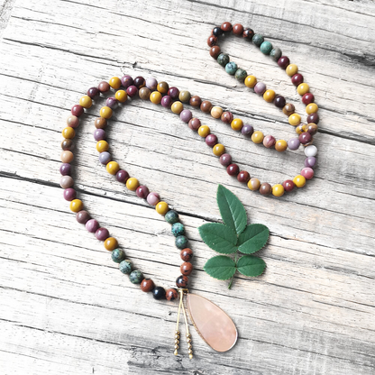 Mookaite and African Turquoise Mala Necklace with Pink Aventurine Pendant – Balance and Growth