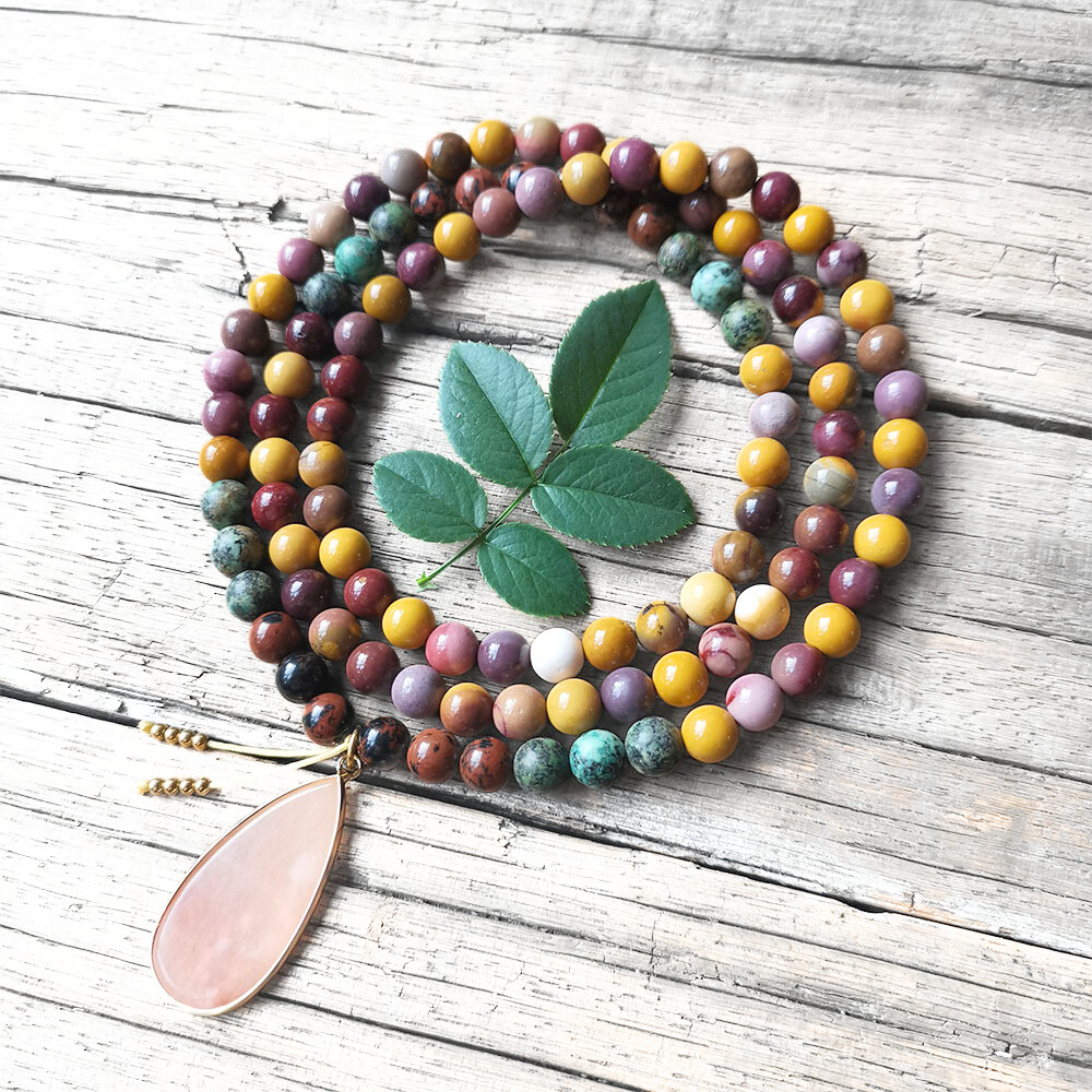 Mookaite and African Turquoise Mala Necklace with Pink Aventurine Pendant – Balance and Growth