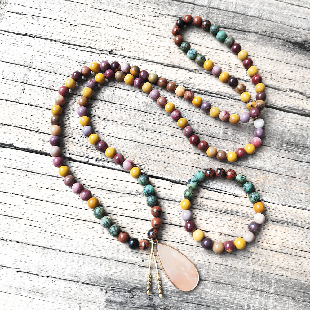 Mookaite and African Turquoise Mala Necklace with Pink Aventurine Pendant – Balance and Growth