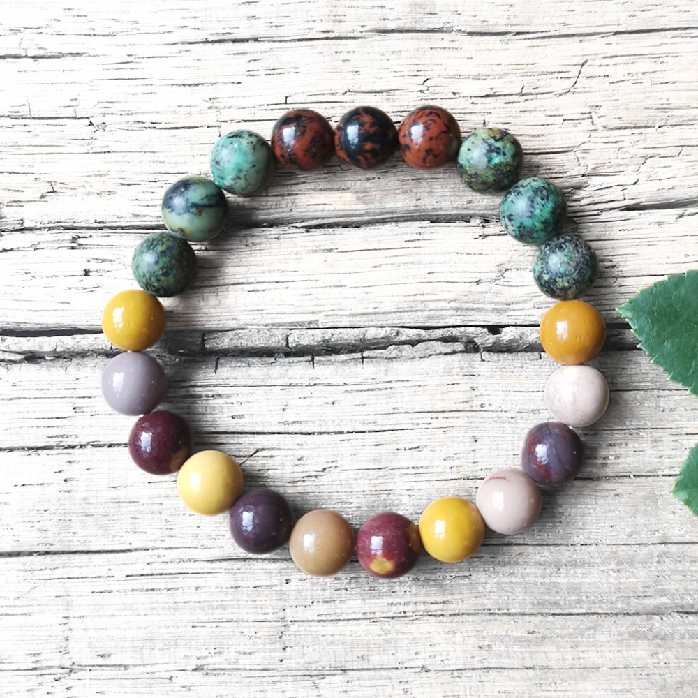 Mookaite and African Turquoise Mala Necklace with Yellow Tassel – Balance and Growth