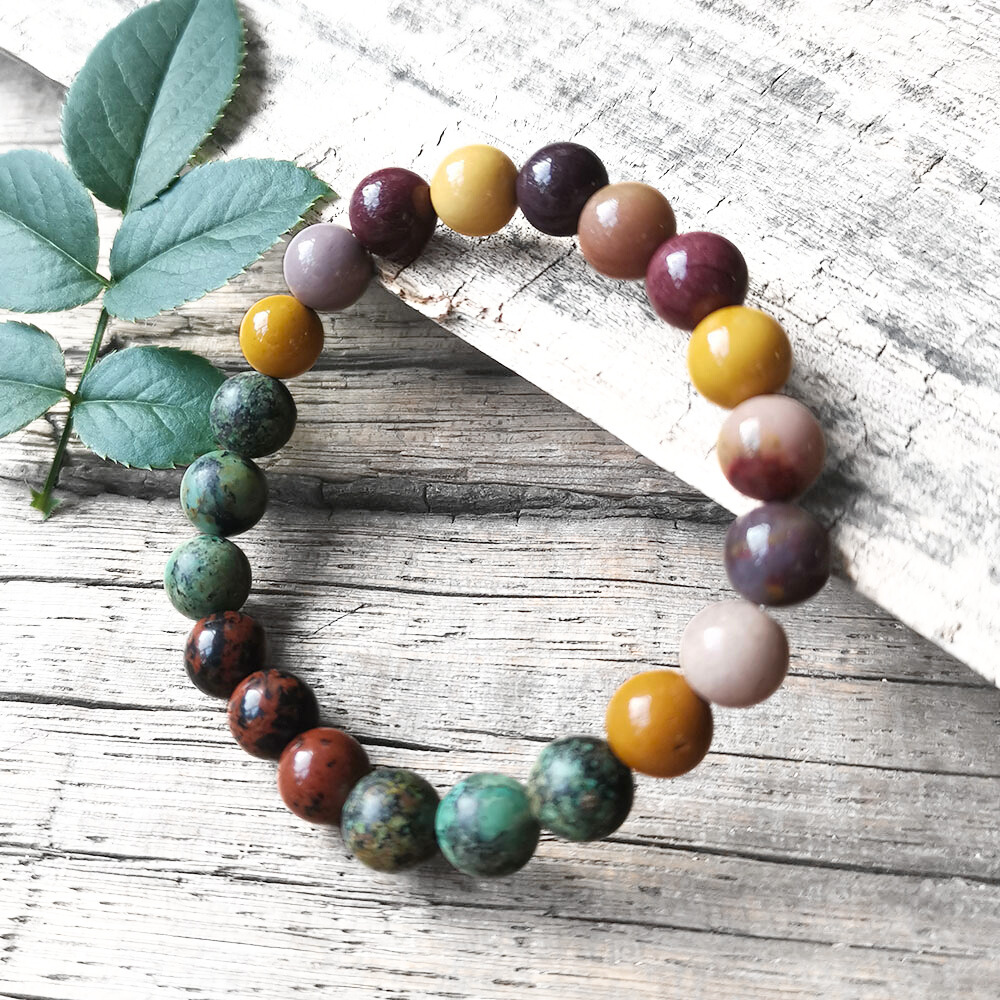 Mookaite and African Turquoise Mala Necklace with Pink Aventurine Pendant – Balance and Growth