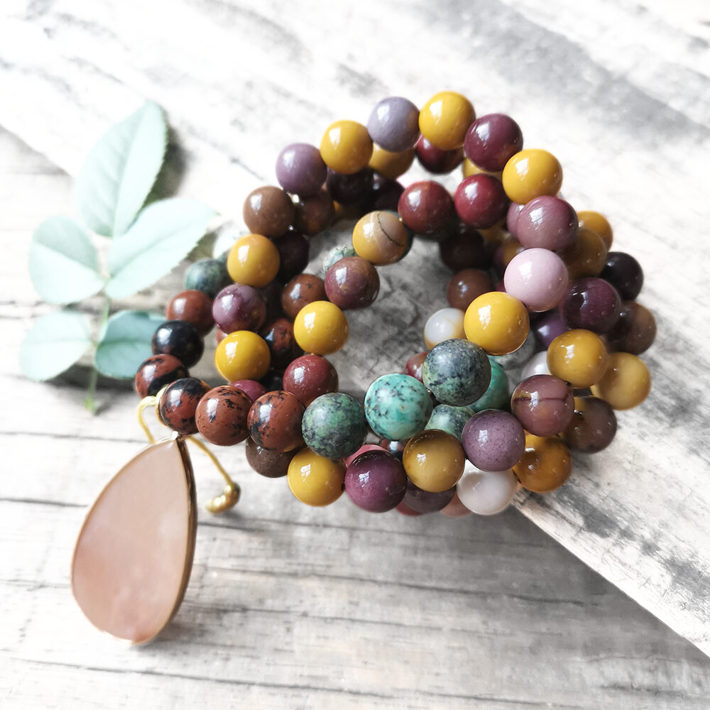 Mookaite and African Turquoise Mala Necklace with Pink Aventurine Pendant – Balance and Growth