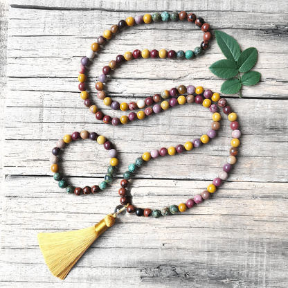 Mookaite and African Turquoise Mala Necklace with Yellow Tassel – Balance and Growth