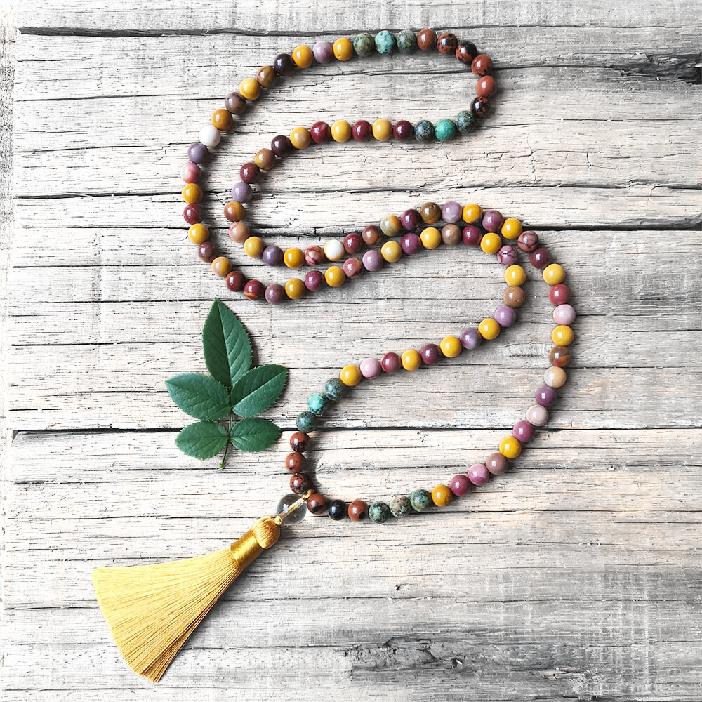 Mookaite and African Turquoise Mala Necklace with Yellow Tassel – Balance and Growth