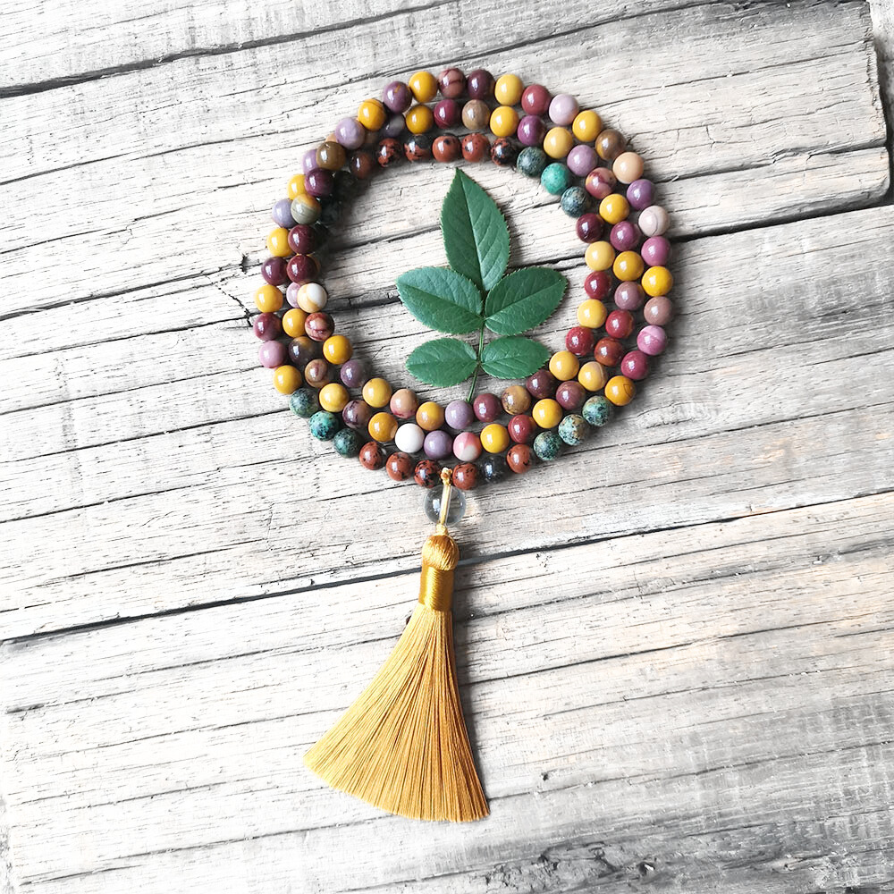 Mookaite and African Turquoise Mala Necklace with Yellow Tassel – Balance and Growth