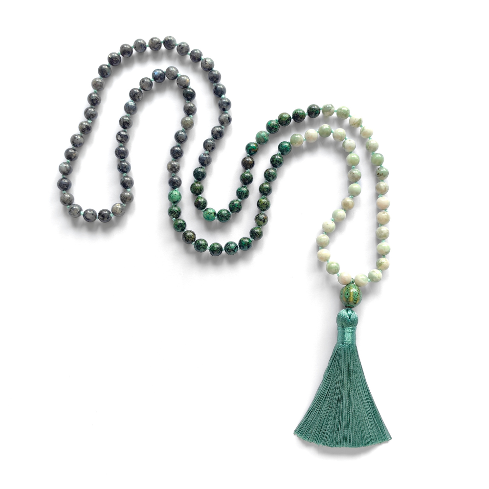 Lucky Jasper, African Turquoise, and Larvikite Mala Necklace – Harmony and Balance