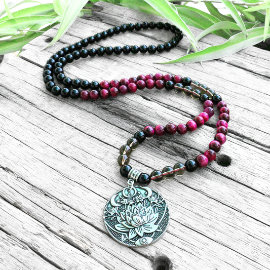 Pink Tiger Eye, Smoky Quartz, and Black Onyx Mala Necklace – Grounding and Protection