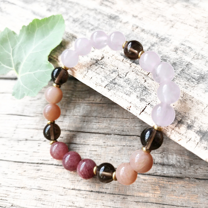 Rose Quartz, Sunstone, Strawberry Quartz & Smoky Quartz Bracelet – Emotional Balance and Inner Strength