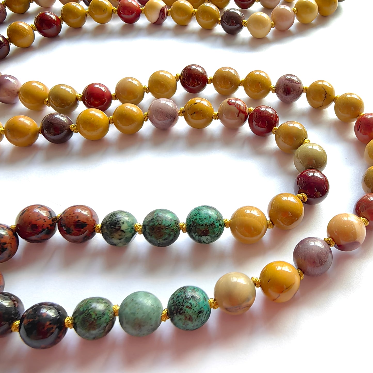 Mookaite and African Turquoise Mala Necklace with Yellow Tassel – Balance and Growth