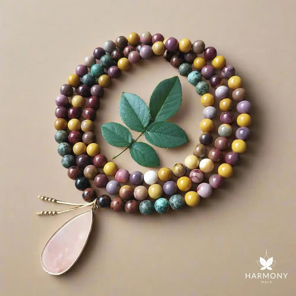 Mookaite and African Turquoise Mala Necklace with Pink Aventurine Pendant – Balance and Growth - Harmony Mala