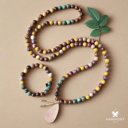 Mookaite and African Turquoise Mala Necklace with Pink Aventurine Pendant – Balance and Growth - Harmony Mala