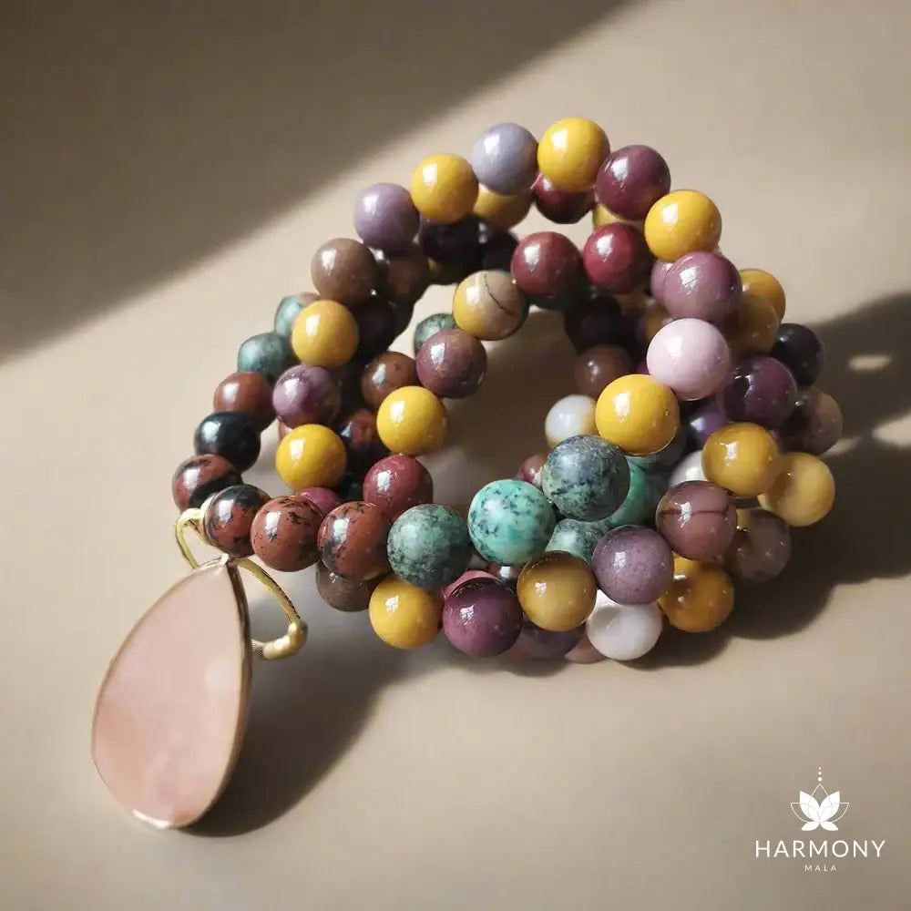 Mookaite and African Turquoise Mala Necklace with Pink Aventurine Pendant – Balance and Growth - Harmony Mala