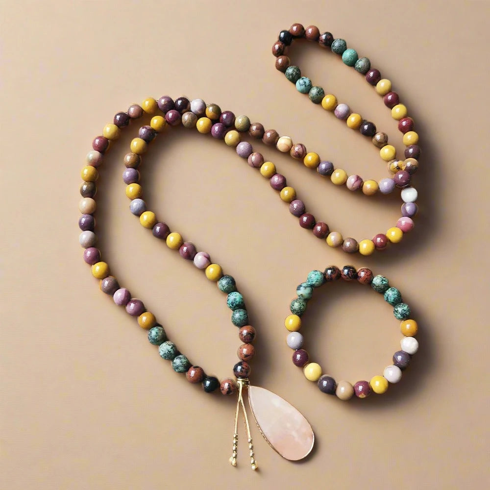 Mookaite and African Turquoise Mala Necklace with Pink Aventurine Pendant – Balance and Growth Set - Harmony Mala