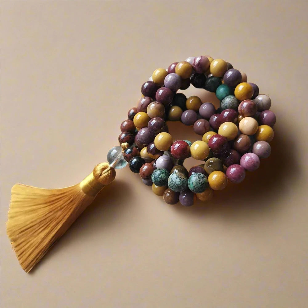 Mookaite and African Turquoise Mala Necklace with Yellow Tassel – Balance and Growth - Harmony Mala