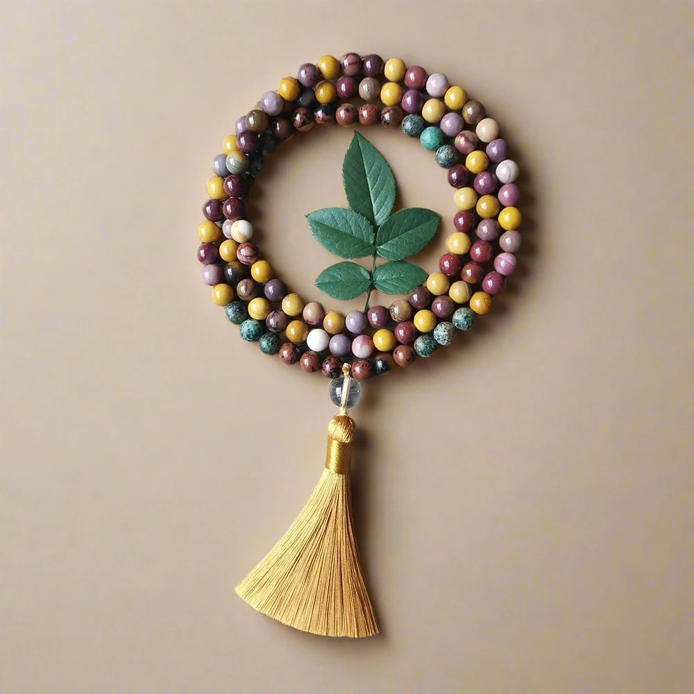 Mookaite and African Turquoise Mala Necklace with Yellow Tassel – Balance and Growth Necklace - Harmony Mala