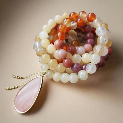 Yellow Jasper, Fire Quartz, Red Onyx, and Pink Aventurine Mala Necklace – Vitality and Balance - Harmony Mala