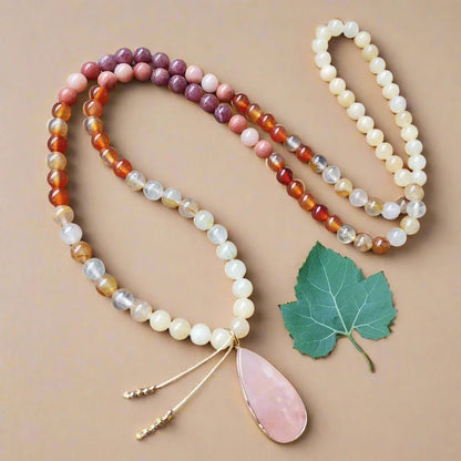 Yellow Jasper, Fire Quartz, Red Onyx, and Pink Aventurine Mala Necklace – Vitality and Balance - Harmony Mala