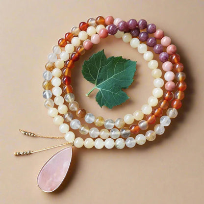 Yellow Jasper, Fire Quartz, Red Onyx, and Pink Aventurine Mala Necklace – Vitality and Balance - Harmony Mala