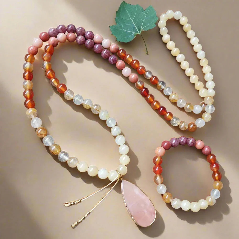 Yellow Jasper, Fire Quartz, Red Onyx, and Pink Aventurine Mala Necklace – Vitality and Balance Set - Harmony Mala